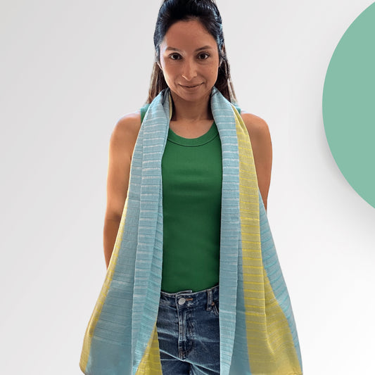 Mie Meh Scarf, Hand-Loomed in Sea and Lime Scarves and shawls WEFTshop 