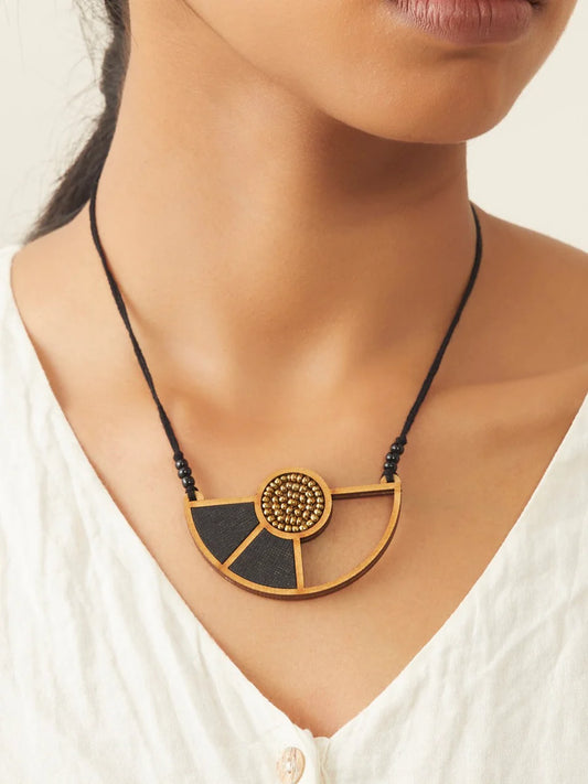 Adjustable Upcycled Fabric & Wood Geometric Necklace in Blue & White