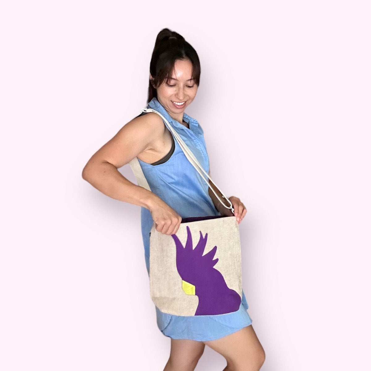 Cockatoo Crossbody Jute Shoulder Bag in Purple and Yellow WEFTshop 