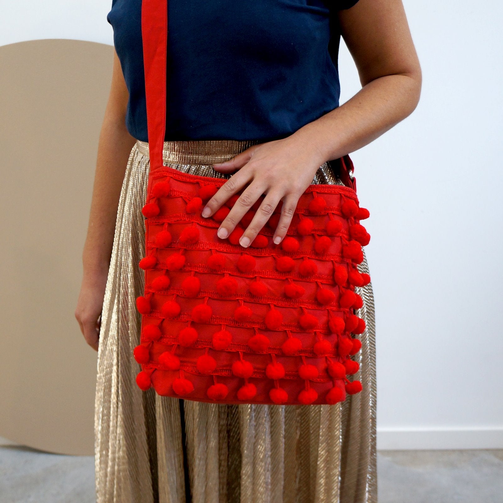 Ha Leh Handmade Pom Pom Crossbody Shoulder Bag in Red Bags and purses WEFTshop 