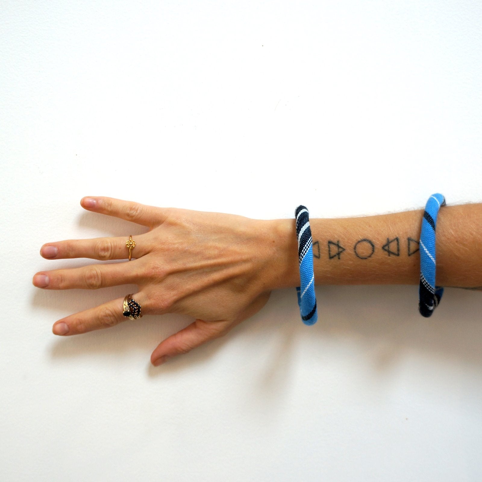 Ya Ta Kon Bangle Textile Jewellery WEFTshop Sky Blue with black and white 