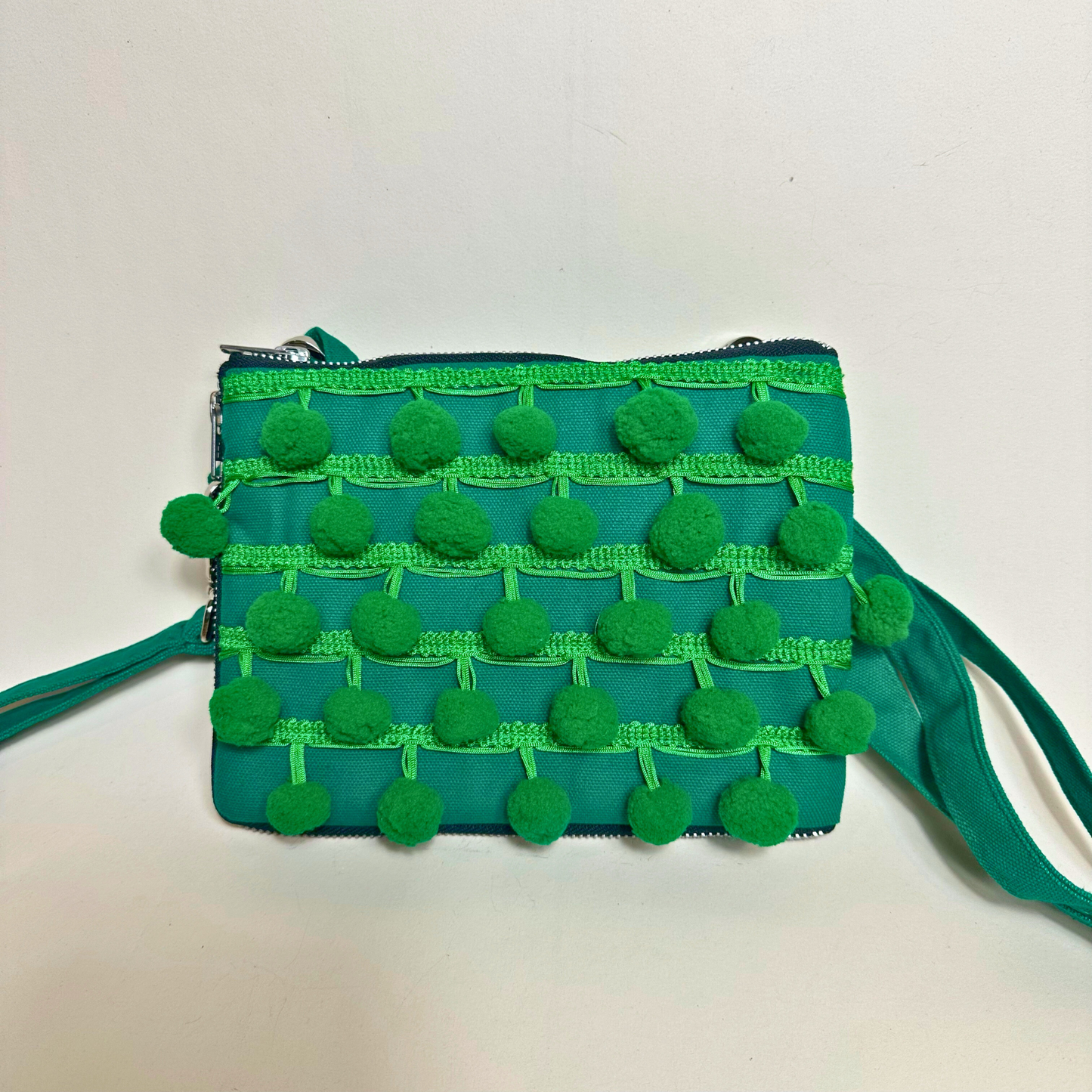 Ha Leh Handmade Pom Pom Mini Crossbody Bag in Green