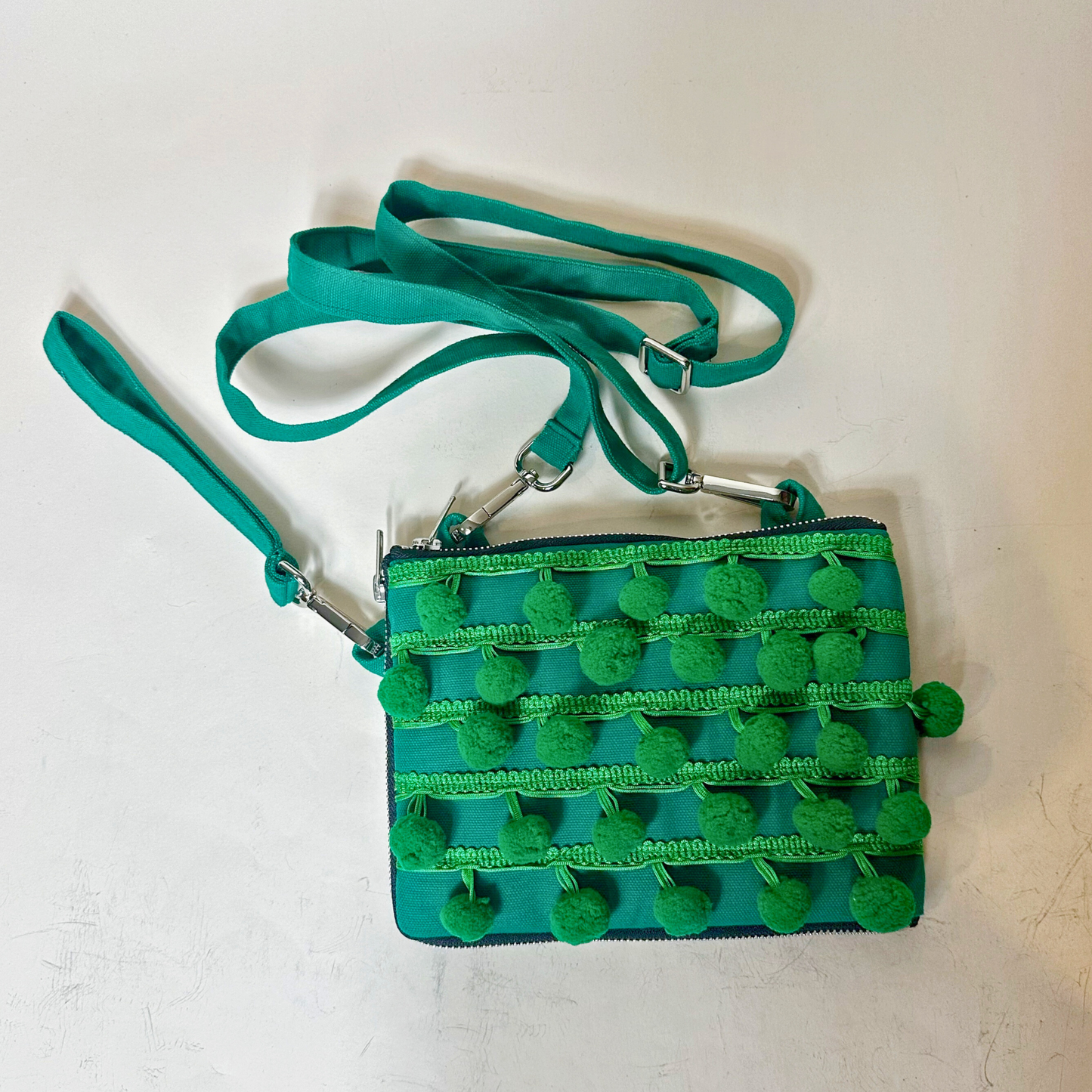 Ha Leh Handmade Pom Pom Mini Crossbody Bag in Green