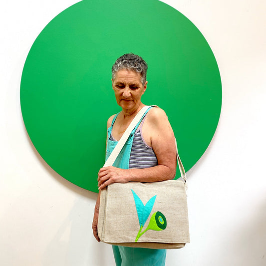 Gumnut Leaf Handmade Jute Messenger Bag in Lime Green Bags and purses WEFTshop 