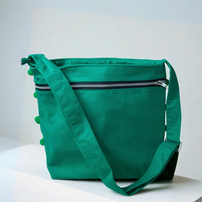 Ha Leh Handmade Pom Pom Crossbody Shoulder Bag in Green