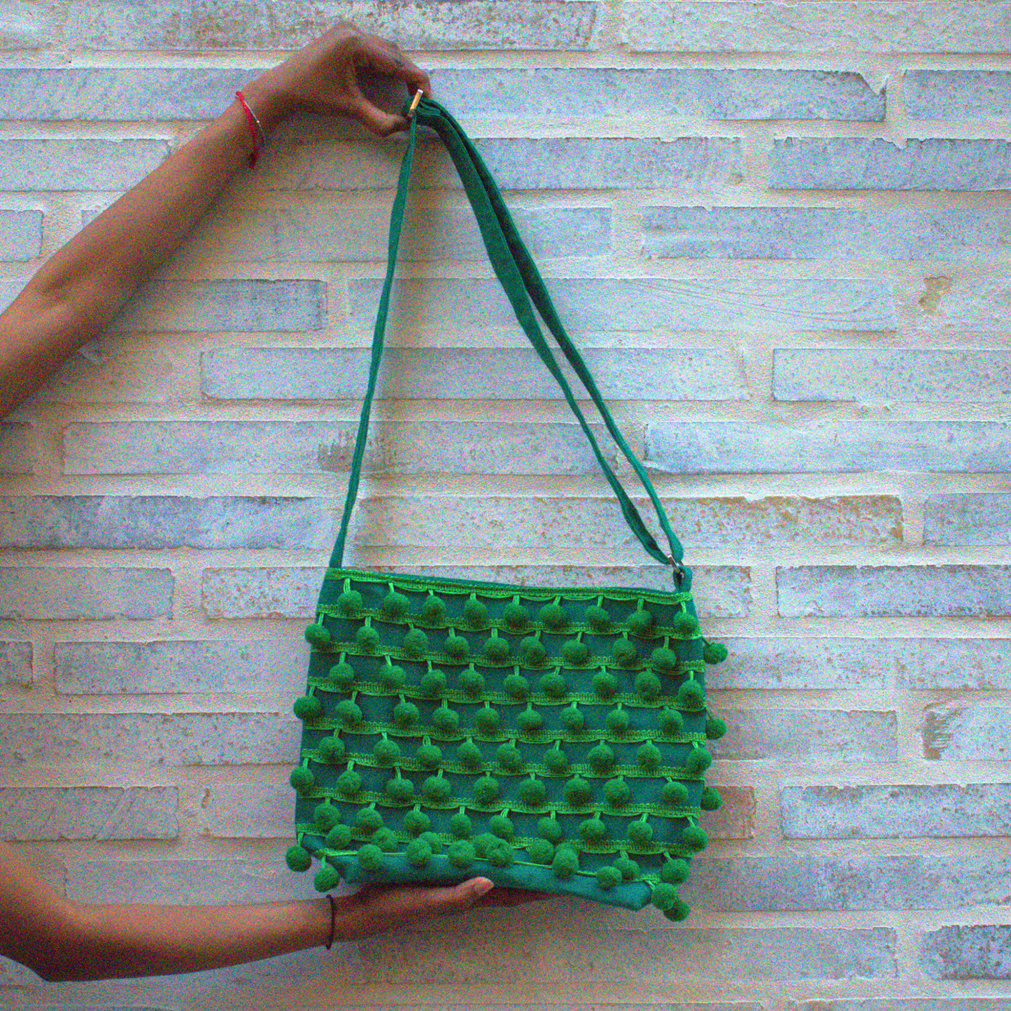 Ha Leh Handmade Pom Pom Crossbody Shoulder Bag in Green