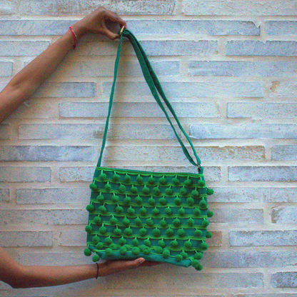Ha Leh Handmade Pom Pom Crossbody Shoulder Bag in Green