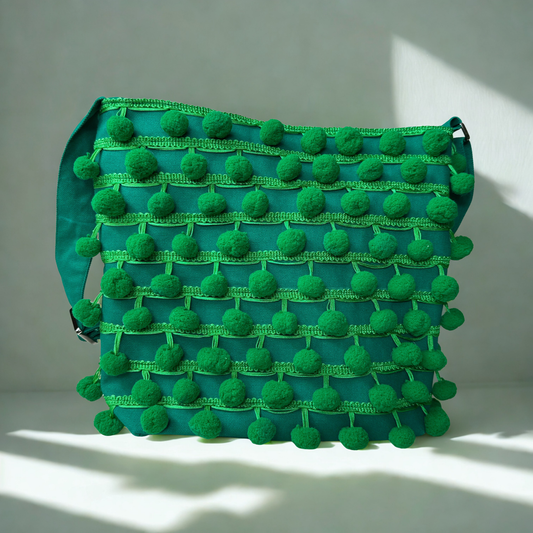 Ha Leh Handmade Pom Pom Crossbody Shoulder Bag in Green