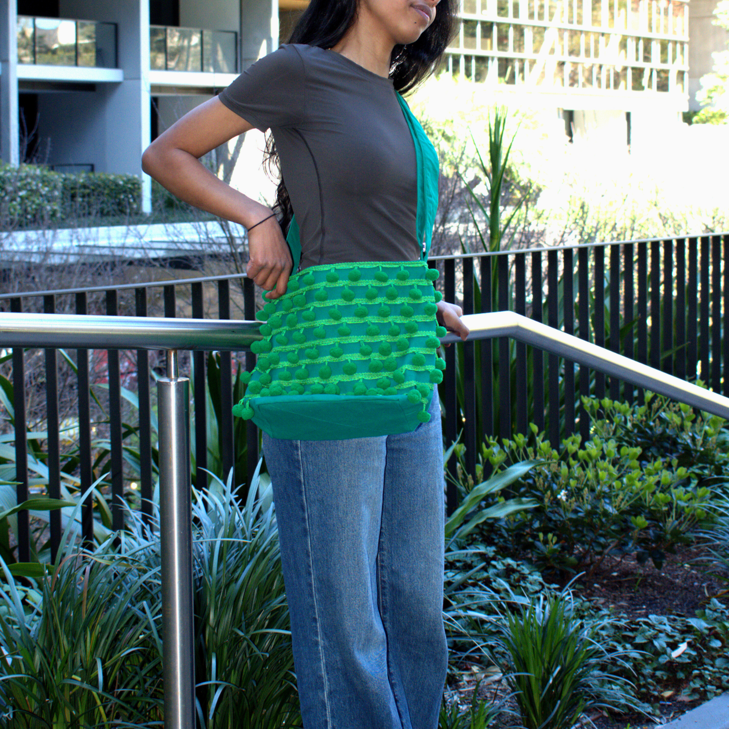 Ha Leh Handmade Pom Pom Crossbody Shoulder Bag in Green