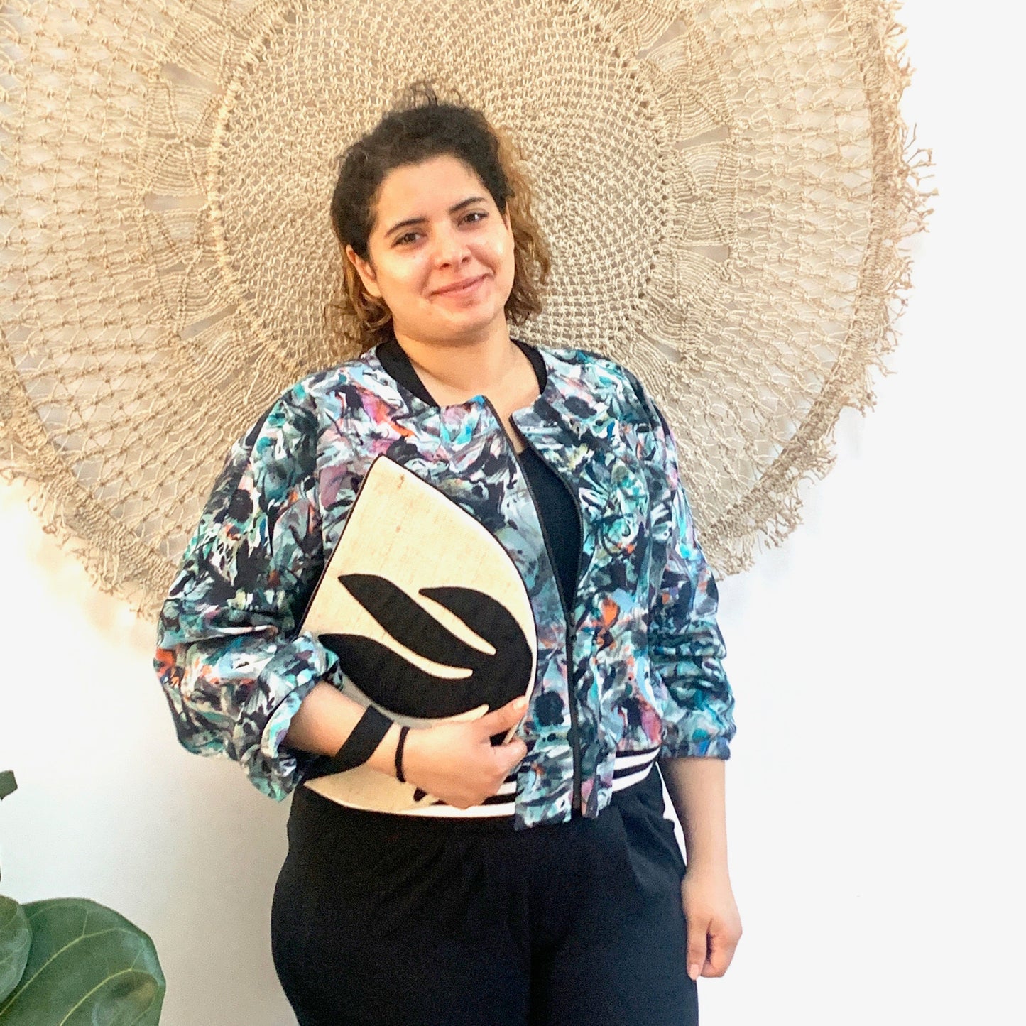 Botanical Half Moon Crossbody Shoulder Bag in Black