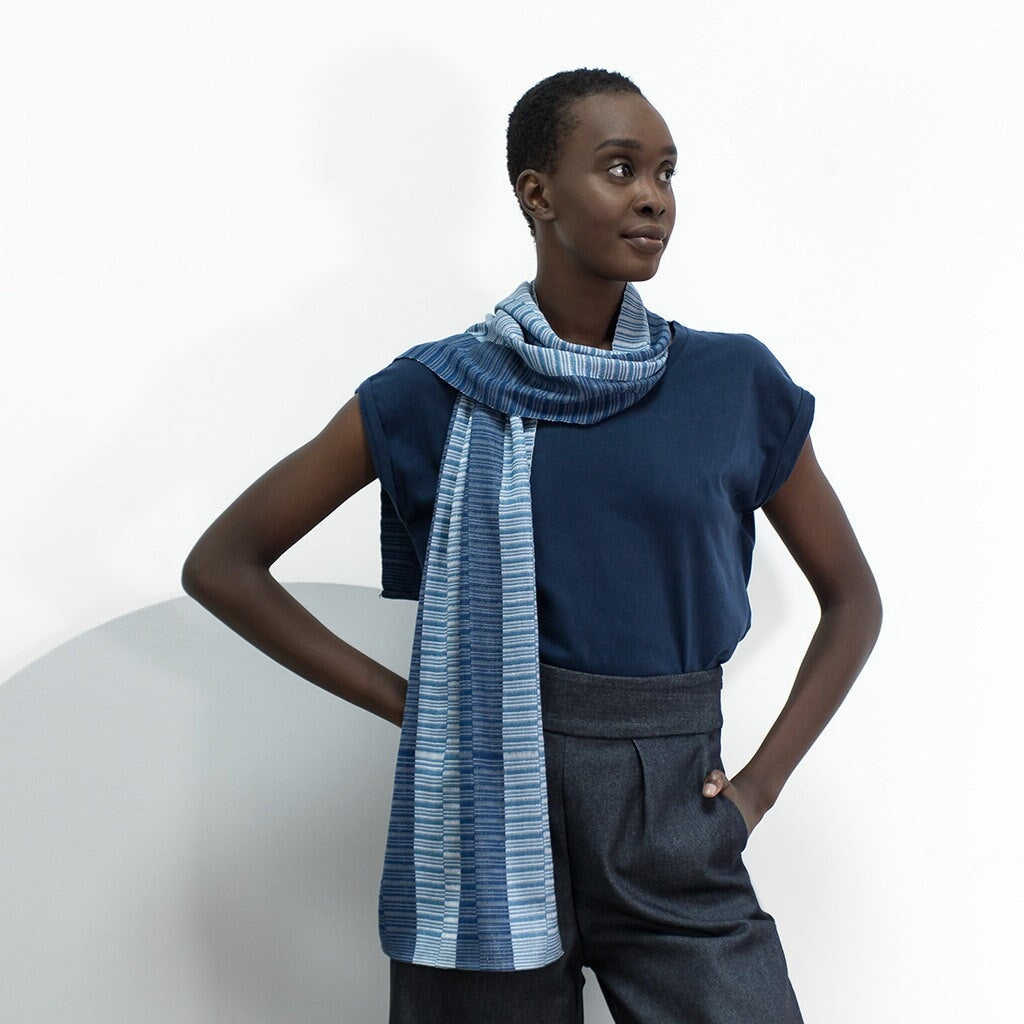 Mie Meh Scarf, Hand-Loomed Scarves and shawls WEFTshop Navy | Teal Blue | Grey and Soft Grey 