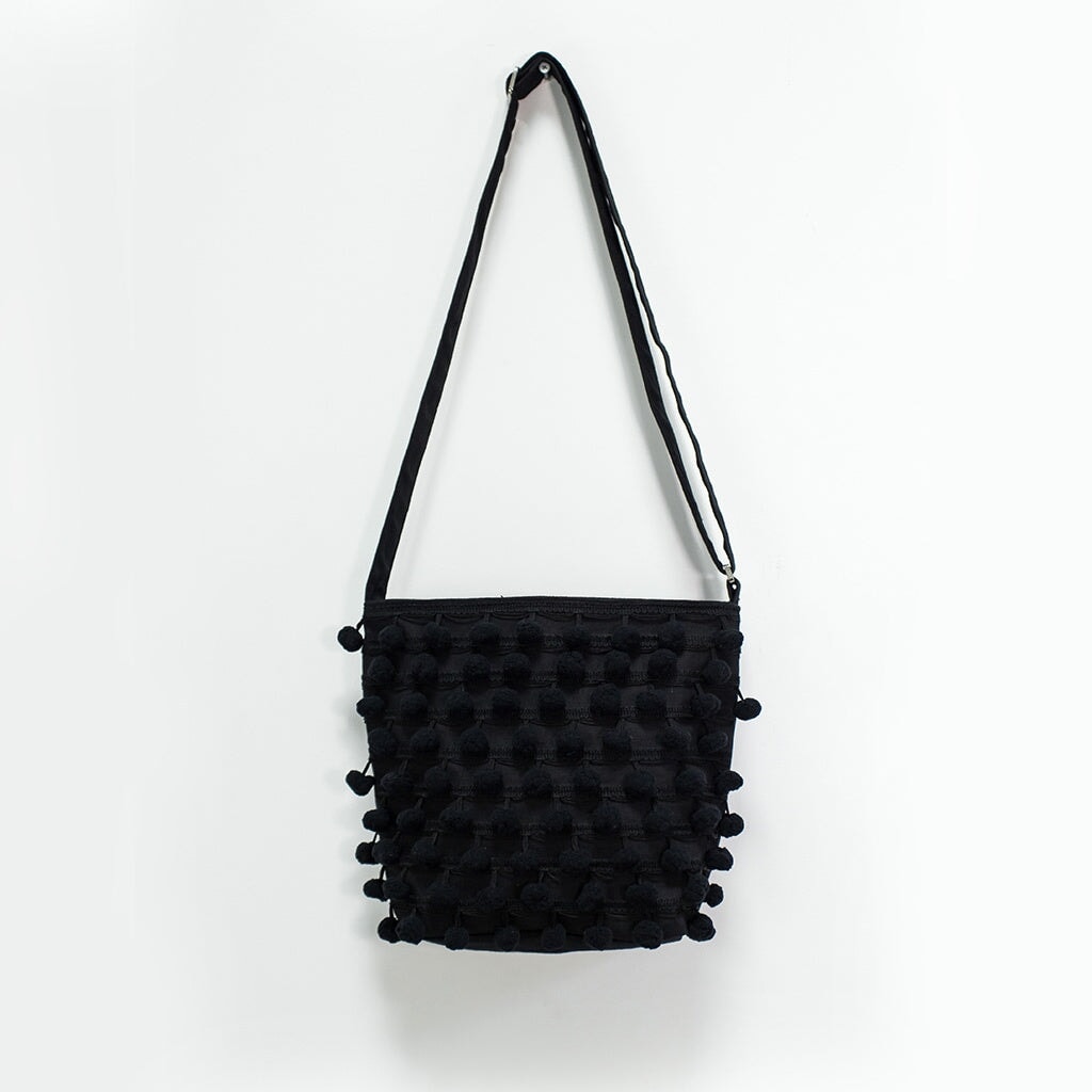 Ha Leh Pom Pom Crossbody Shoulder Bag in Black Bags and purses WEFTshop 