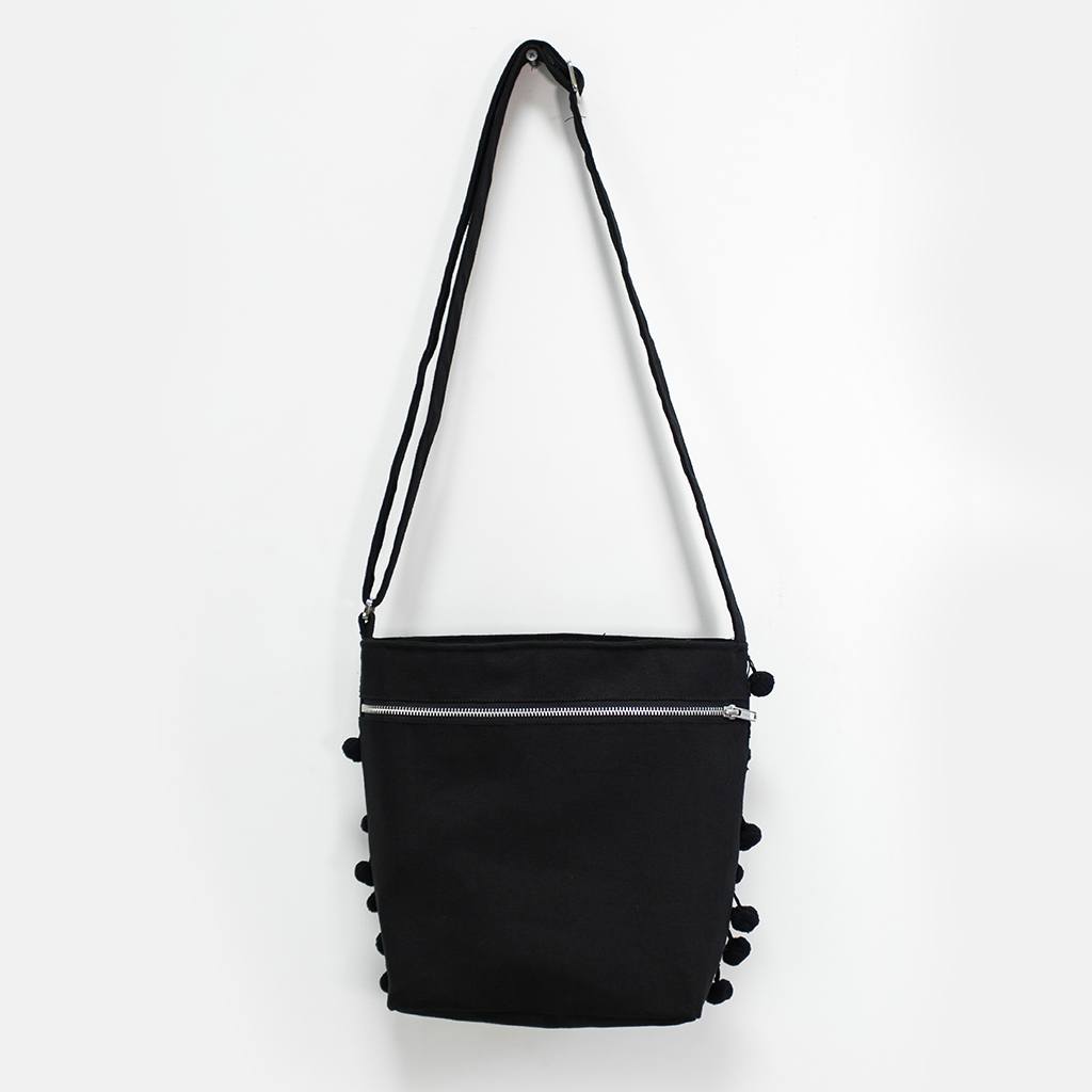 Ha Leh Pom Pom Crossbody Shoulder Bag in Black Bags and purses WEFTshop 