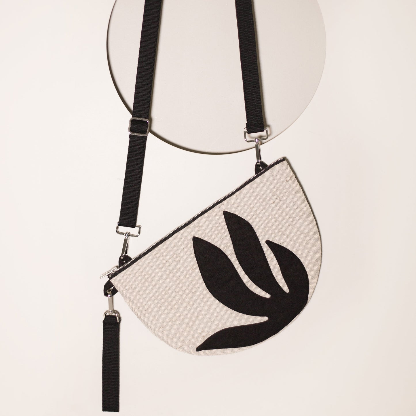 Botanical Half Moon Crossbody Shoulder Bag in Black