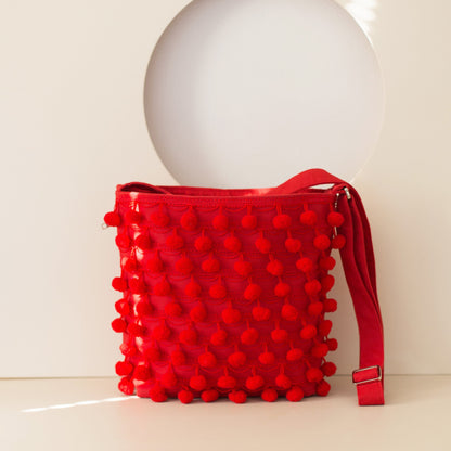 Ha Leh Handmade Pom Pom Crossbody Shoulder Bag in Red Bags and purses WEFTshop 
