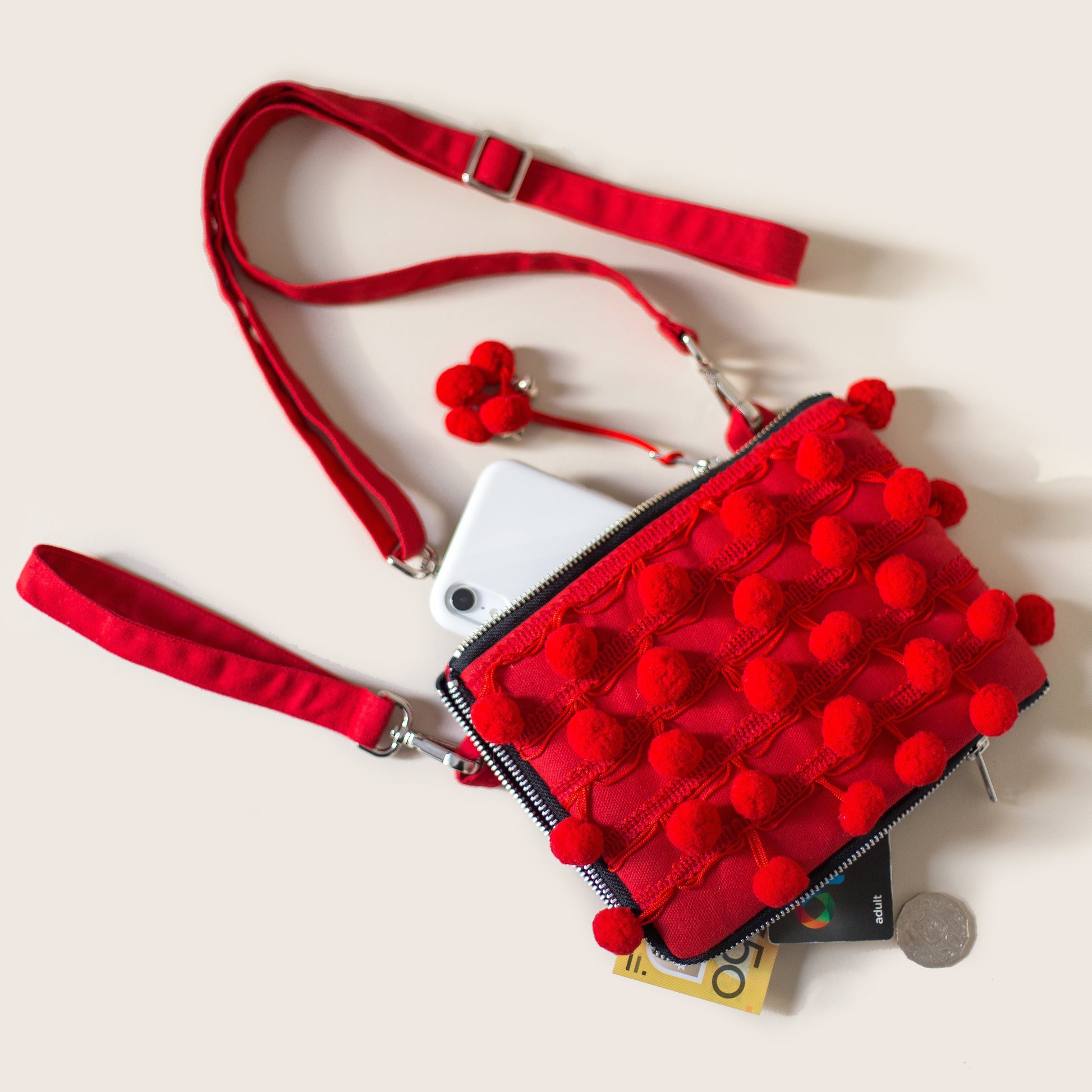 Ha Leh Handmade Pom Pom Mini Shoulder Bag in Red Bags and purses WEFTshop 